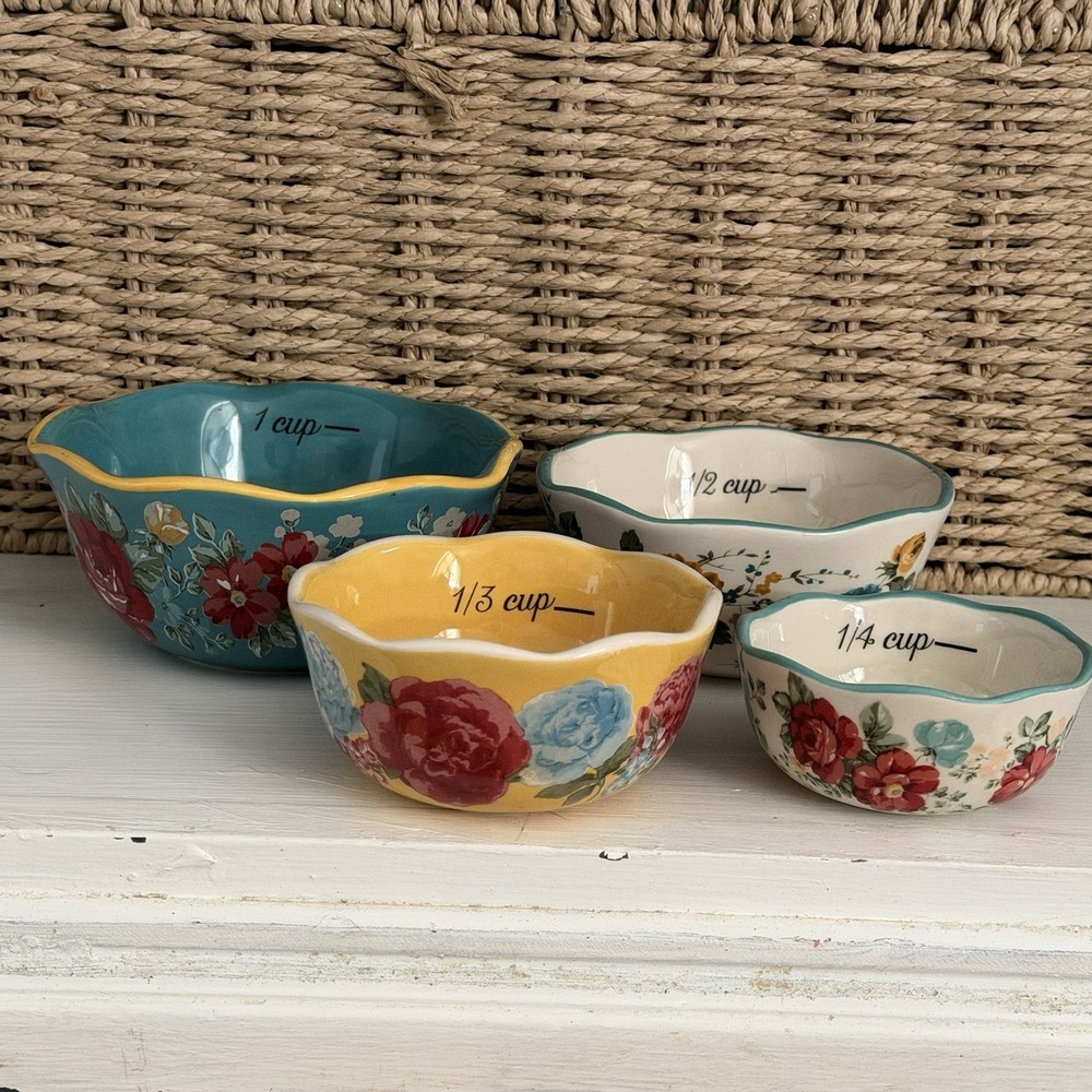 Pioneer Woman Vintage Floral Measuring Cups Set 4 Ceramic Nesting Discontinued